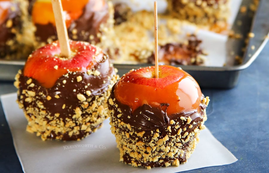 Chocolate Peanut Covered Caramel Apples with homemade caramel