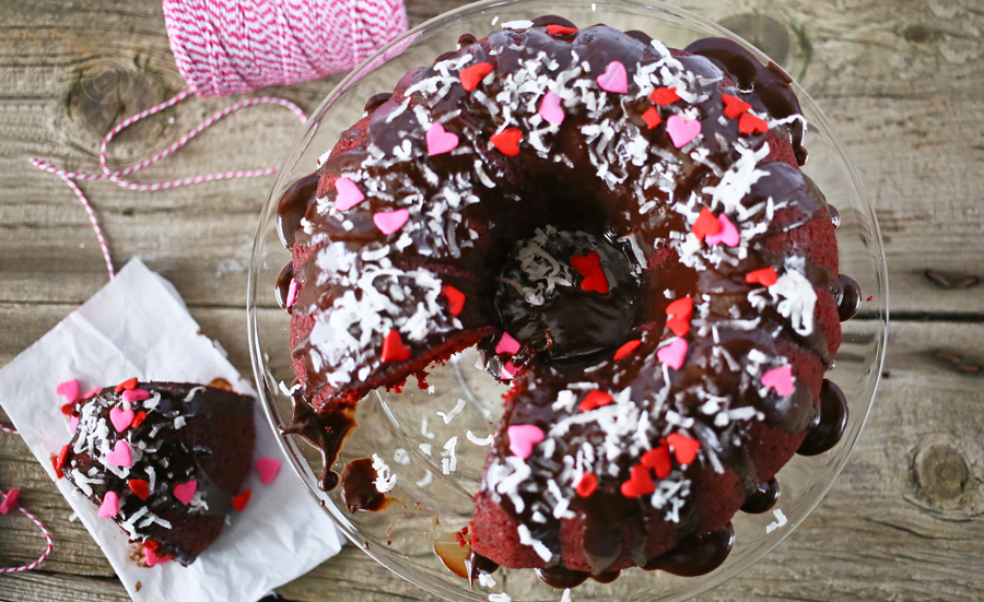 Red Velvet Bundt Cake w/ Kahlua Ganache