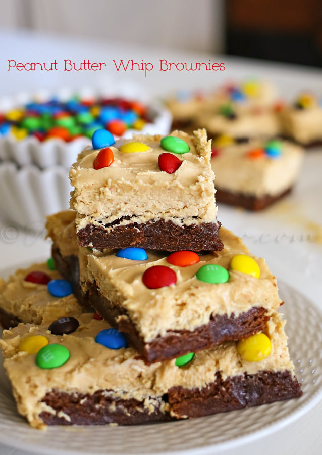 Peanut Butter Whip Brownies stacked on a plate
