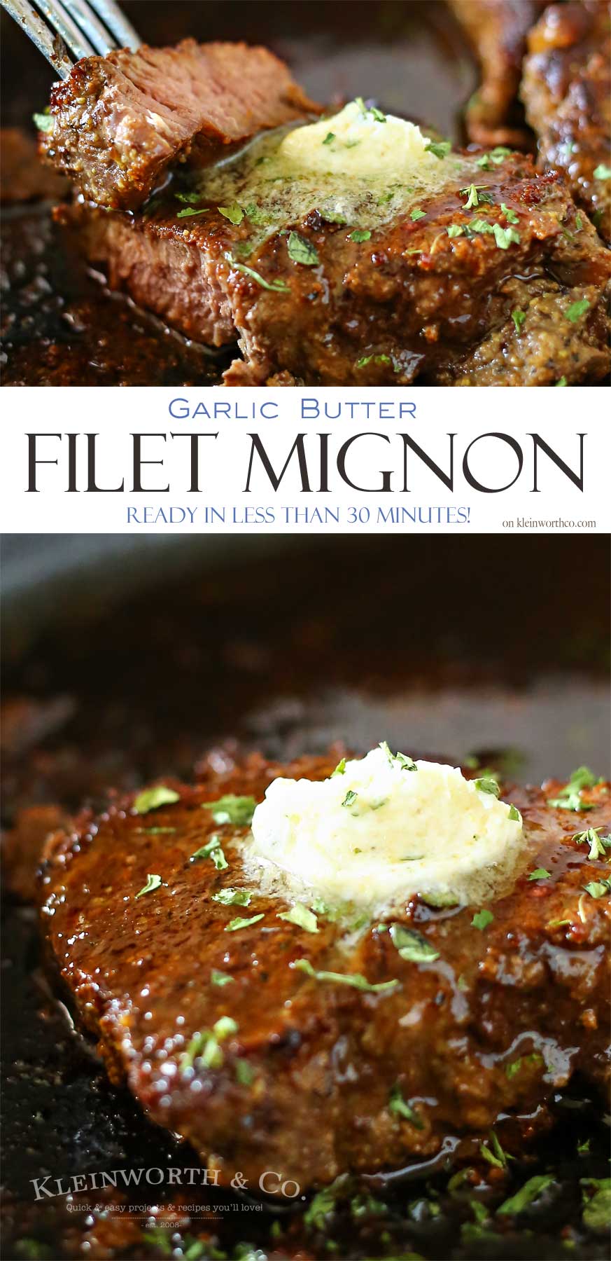 This Garlic Butter Filet Mignon is the most tender & delicious cut. Smothered in garlic butter, it melts in your mouth. A great easy family dinner idea.