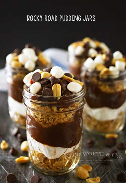 Chocolate pudding, graham crackers, marshmallows, nuts & chocolate chips together make these yummy Rocky Road Pudding Jars that are the perfect dessert.