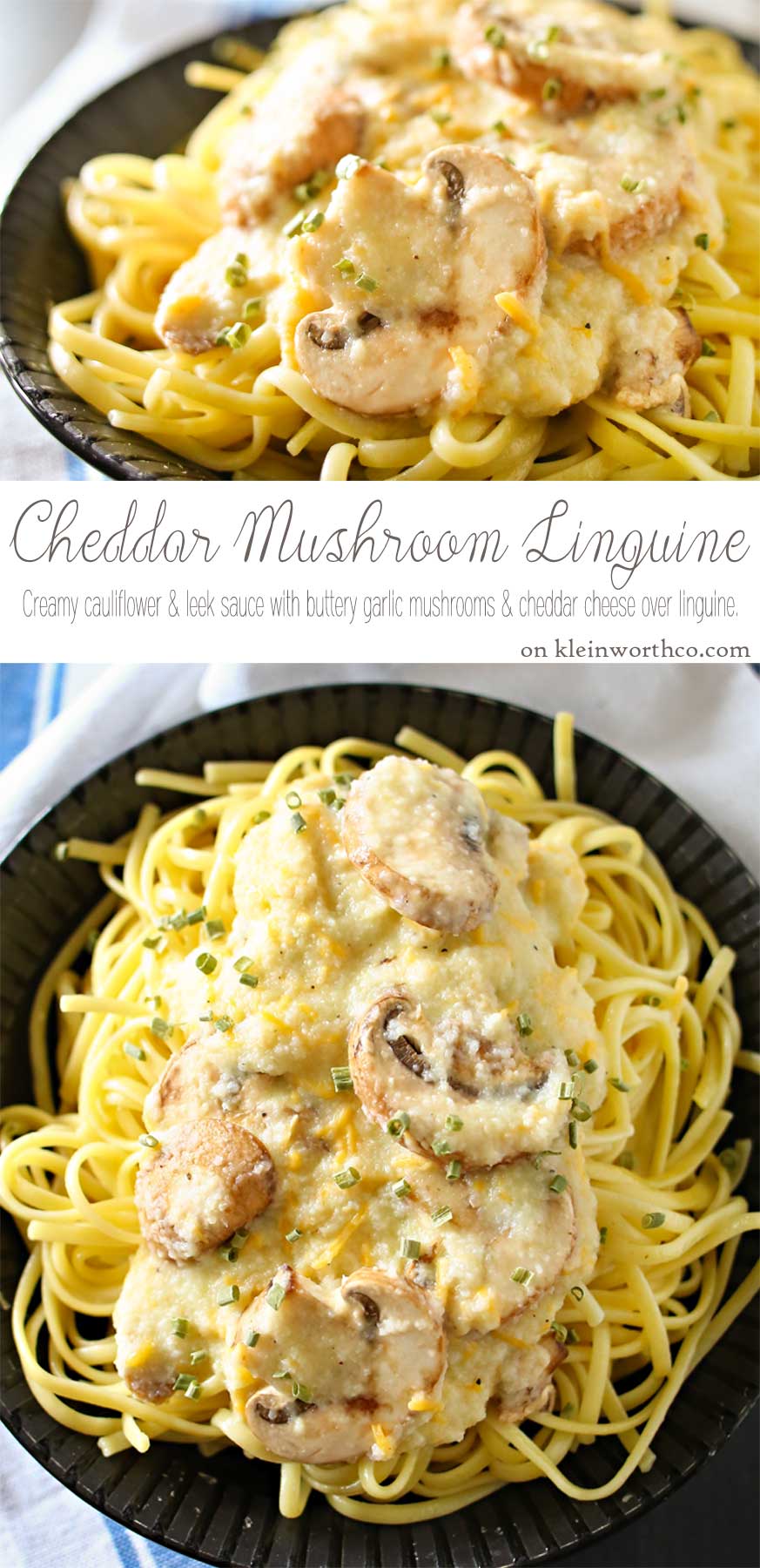 Easy family dinner ideas got better with creamy cauliflower & leek sauce, buttery garlic mushrooms & cheddar cheese on linguine to make Cheddar Mushroom Linguine.