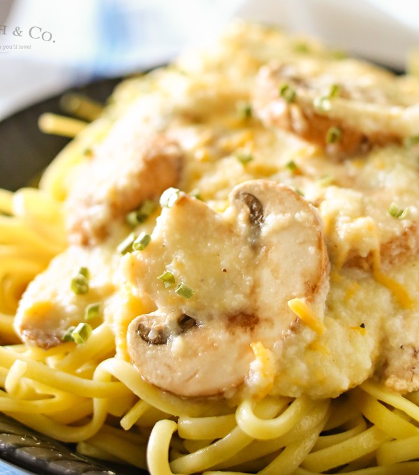 Easy family dinner ideas just got better with creamy cauliflower & leek sauce, buttery garlic mushrooms & cheddar cheese over linguine. Great pasta recipe!