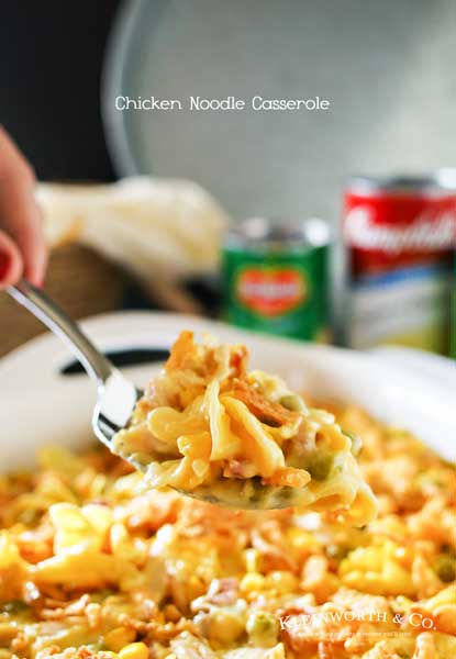 Easy family dinner ideas like Chicken Noodle Casserole are a great way to have comfort food quick. Amazing chicken recipes like this are always a favorite! I love how quick & easy this dinner is & how much my family loves it. Don't miss my tip for making this in bulk as a freezer meal too.