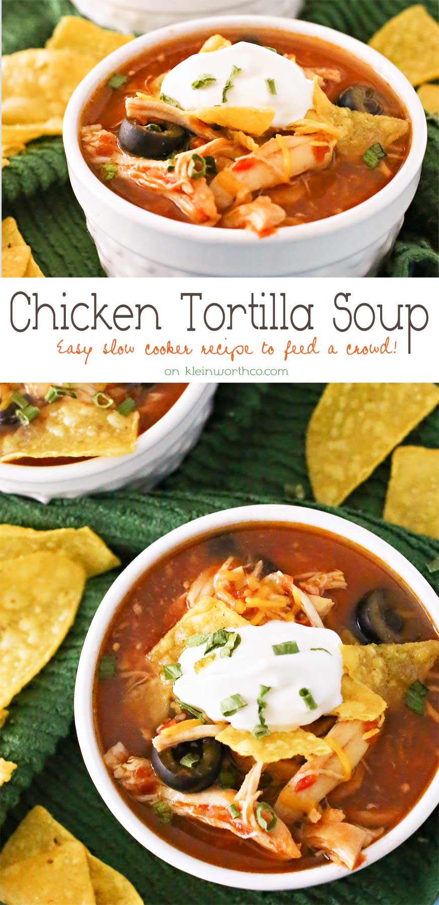 Slow Cooker Chicken Tortilla Soup is loaded with chicken, tomatoes, corn, black beans & olives in a delicious salsa verde base. Simple, hearty & DELICIOUS