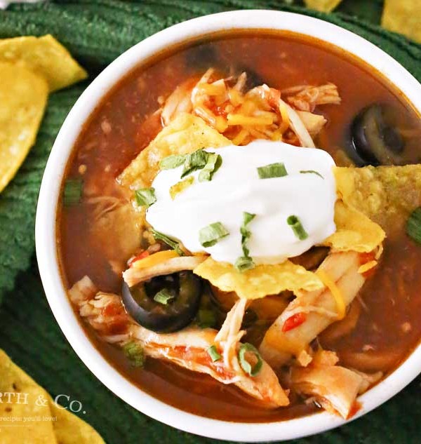 Slow Cooker Chicken Tortilla Soup is loaded with chicken, tomatoes, corn, black beans & olives in a delicious salsa verde base. Simple, hearty & DELICIOUS