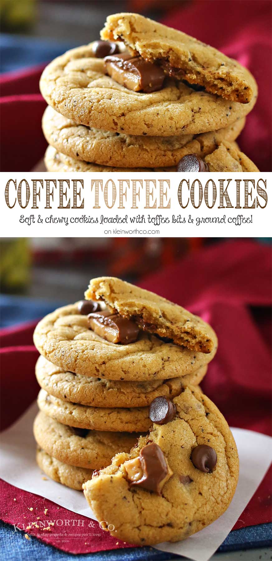 Coffee Toffee Cookies, a soft & chewy cookie loaded with chocolate chips, toffee bits & COFFEE. A java lovers dream, definitely the perfect coffee pairing. You won't be able to eat just one. Plus my new favorite coffee flavor obsession.