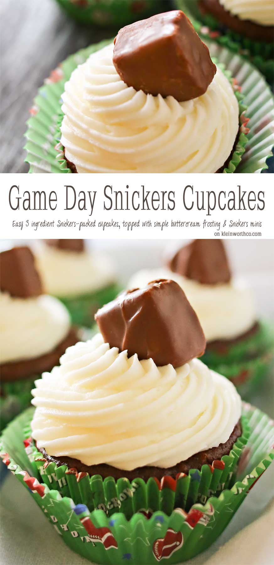 Looking for some game day food ideas? Game Day Snickers Cupcakes are an easy 3 - ingredient cupcake recipe loaded with Snickers candy bars, topped with a delicious & easy buttercream frosting & more Snickers minis. on kleinworthco.com