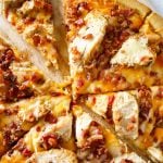 Grilled Chicken & Bacon Pizza with Garlic Cream Sauce is the best homemade pizza recipe EVER! Better than any frozen, take & bake or delivery. WOW! AMAZING! Don't miss my tip for quick & easy prep time too!