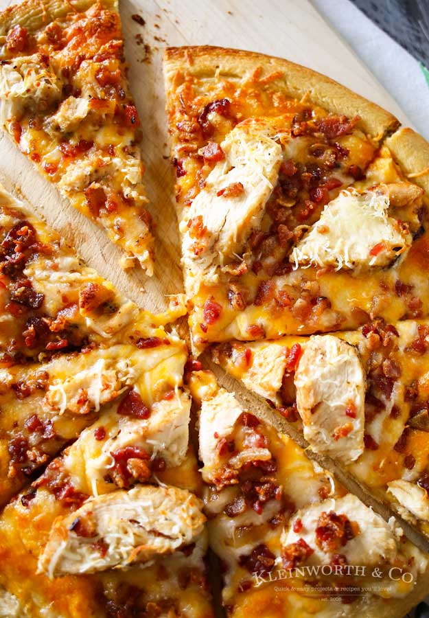 Grilled Chicken & Bacon Pizza with Garlic Cream Sauce is the best homemade pizza recipe EVER! Better than any frozen, take & bake or delivery. WOW! AMAZING! Don't miss my tip for quick & easy prep time too!