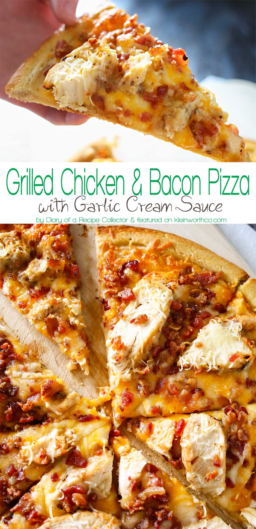 Grilled Chicken & Bacon Pizza with Garlic Cream Sauce is the best homemade pizza recipe EVER! Better than any frozen, take & bake or delivery. WOW! AMAZING! Don't miss my tip for quick & easy prep time too!