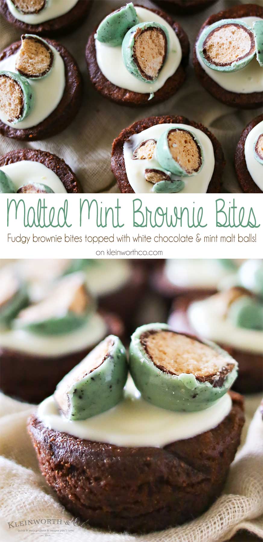 Mint & chocolate lovers rejoice. If you crave that delectable mint & chocolate combo, then this is your lucky day. Thick & fudgy brownie bites topped with white chocolate & mint malt balls makes these Malted Mint Brownie Bites that are out of this world fantastic. YUM! Plus don't miss my trick for making these in under 15 minutes.