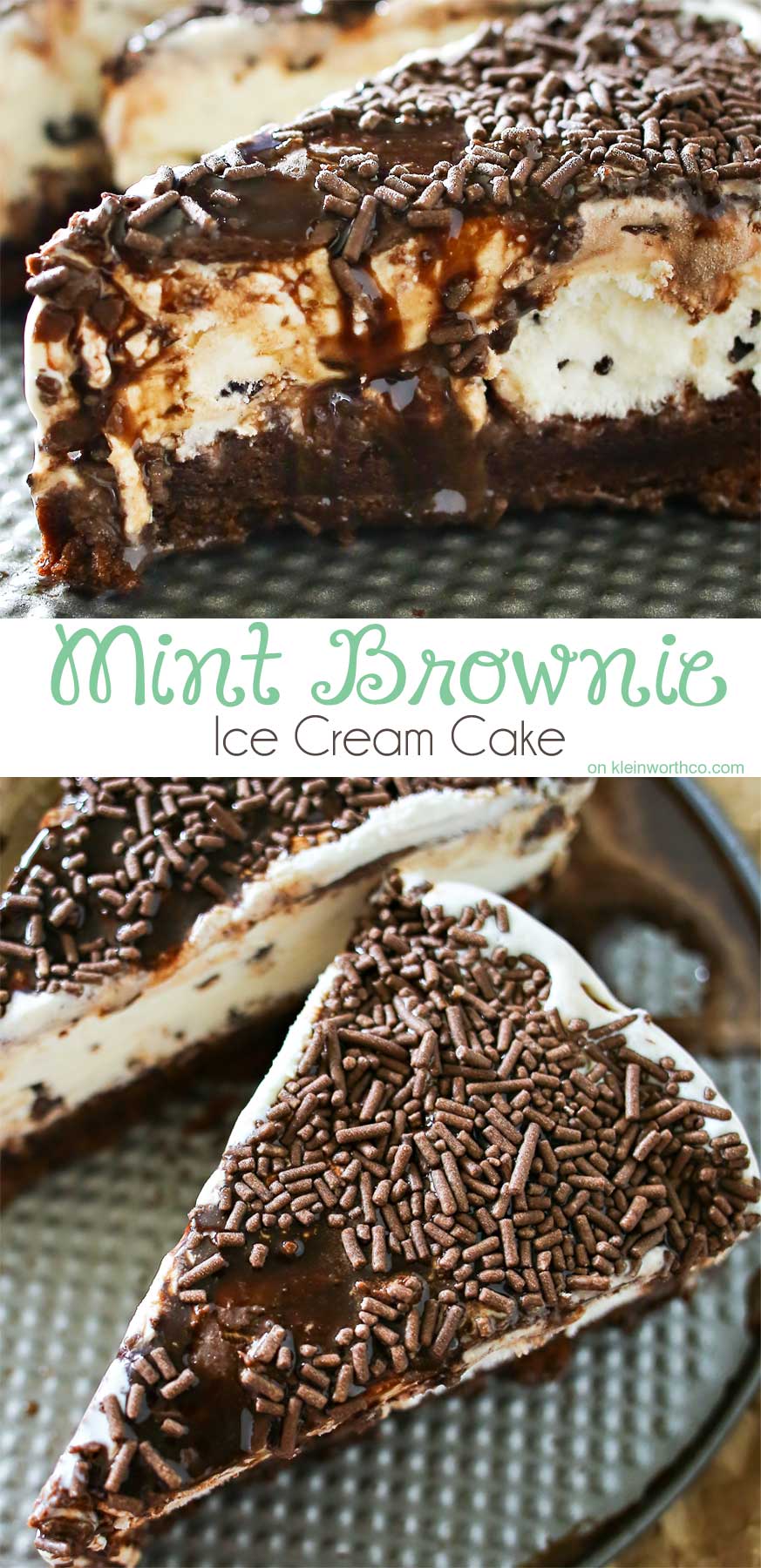 Making a homemade ice cream cake is easy. This Mint Brownie Ice Cream Cake has a brownie bottom layer & is topped with refreshing mint ice cream & chocolate syrup and sprinkles. It's an easy ice cream cake recipe that is perfect for birthdays, holidays like St. Patrick's Day or just because you love mint & chocolate together. It's out of this world! 