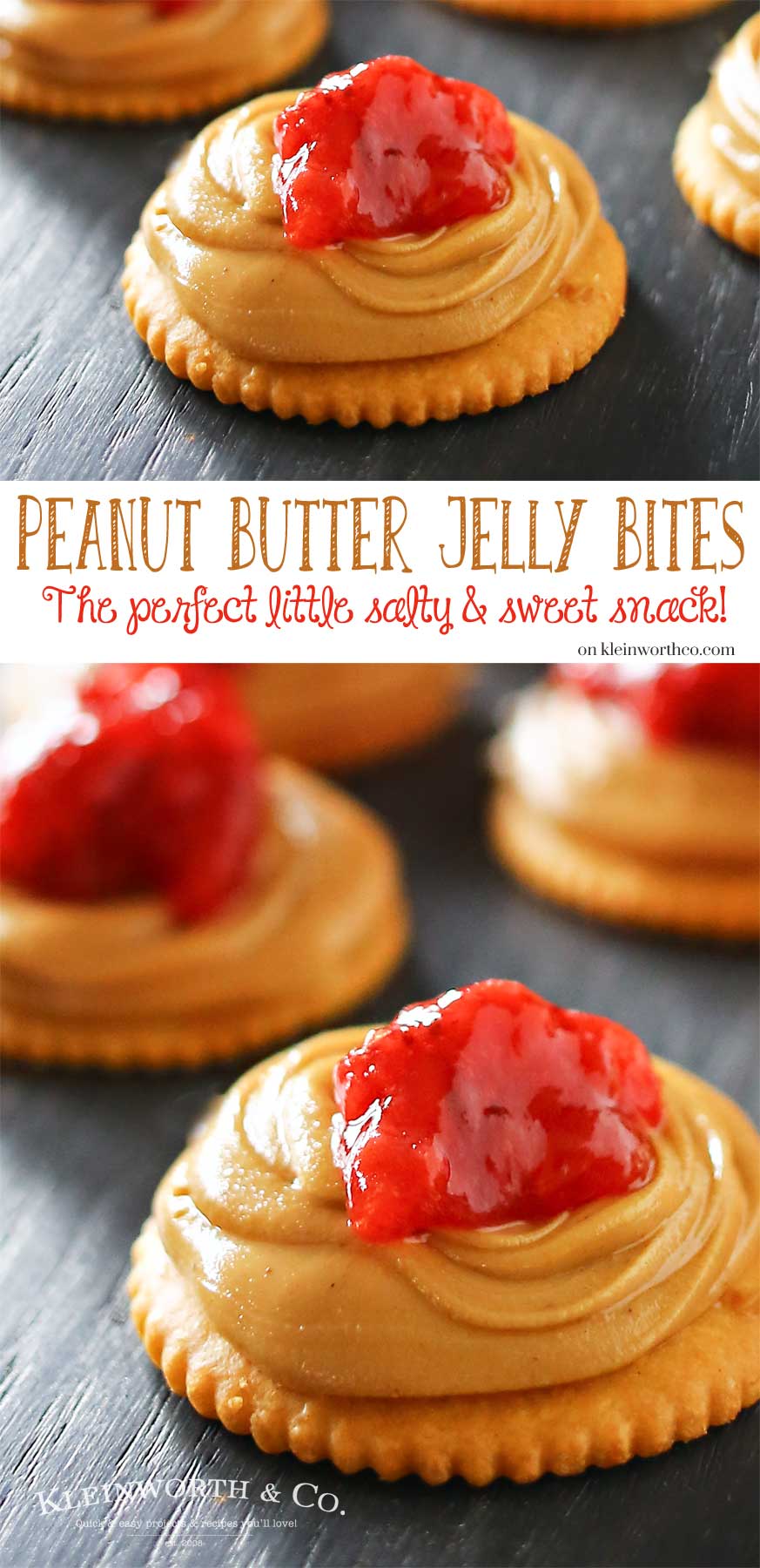 Creamy peanut butter, sweet strawberry jelly & Ritz crackers make Peanut Butter Jelly Bites that are an easy to make snack or appetizer. Salty sweet YUM!