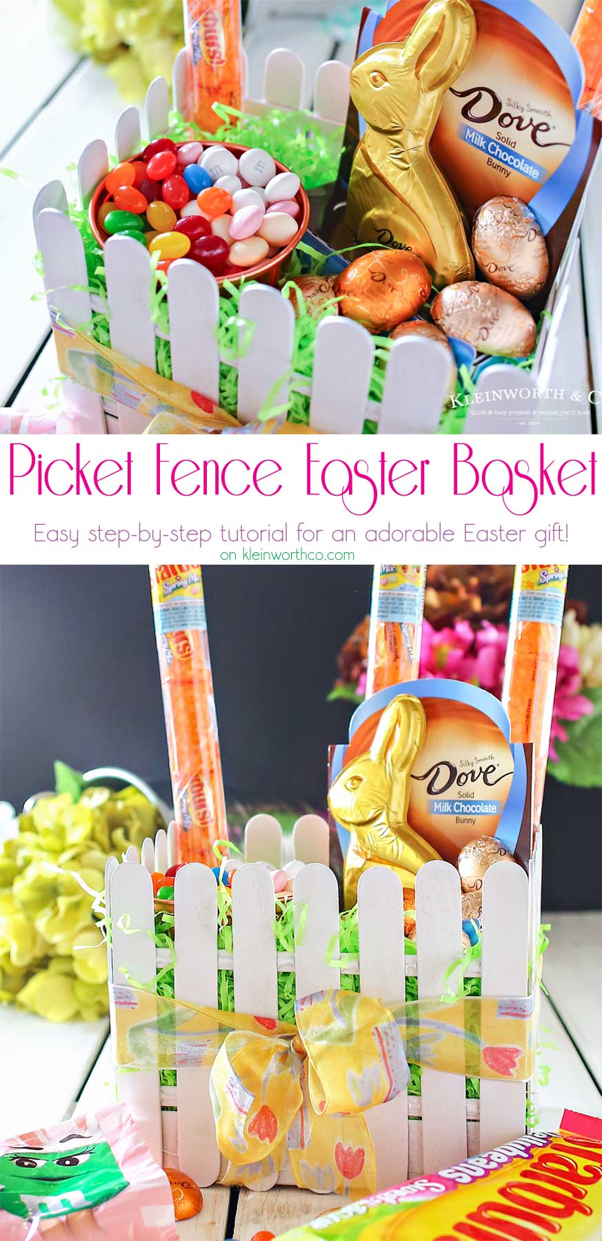 This adorable Picket Fence Easter Basket is easy to make with this step-by-step tutorial using tongue depressors or popsicle sticks. Load it full of your favorite Easter candy & you know everyone will love it. It's definitely my favorite Easter craft! Makes for a great display in an entryway for all your Easter party guests or even to decorate at your office. You won't believe just how quickly you can make your own!