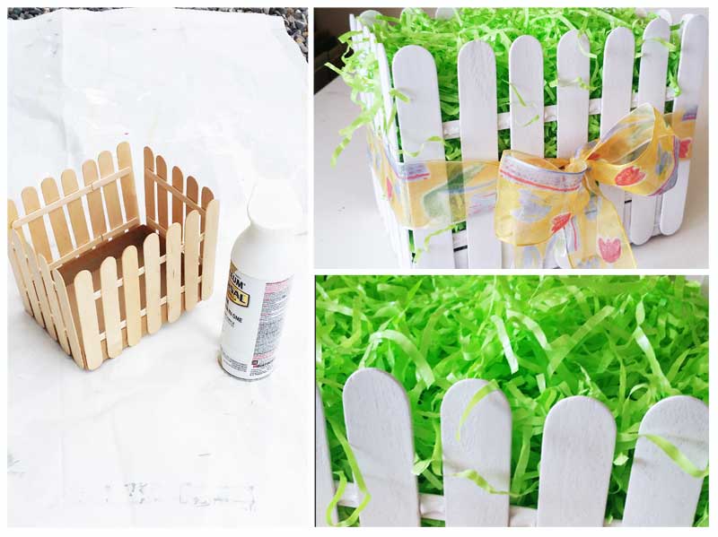 This adorable Picket Fence Easter Basket is easy to make with this step-by-step tutorial using tongue depressors or popsicle sticks. Load it full of your favorite Easter candy & you know everyone will love it. It's definitely my favorite Easter craft! Makes for a great display in an entryway for all your Easter party guests or even to decorate at your office. You won't believe just how quickly you can make your own!