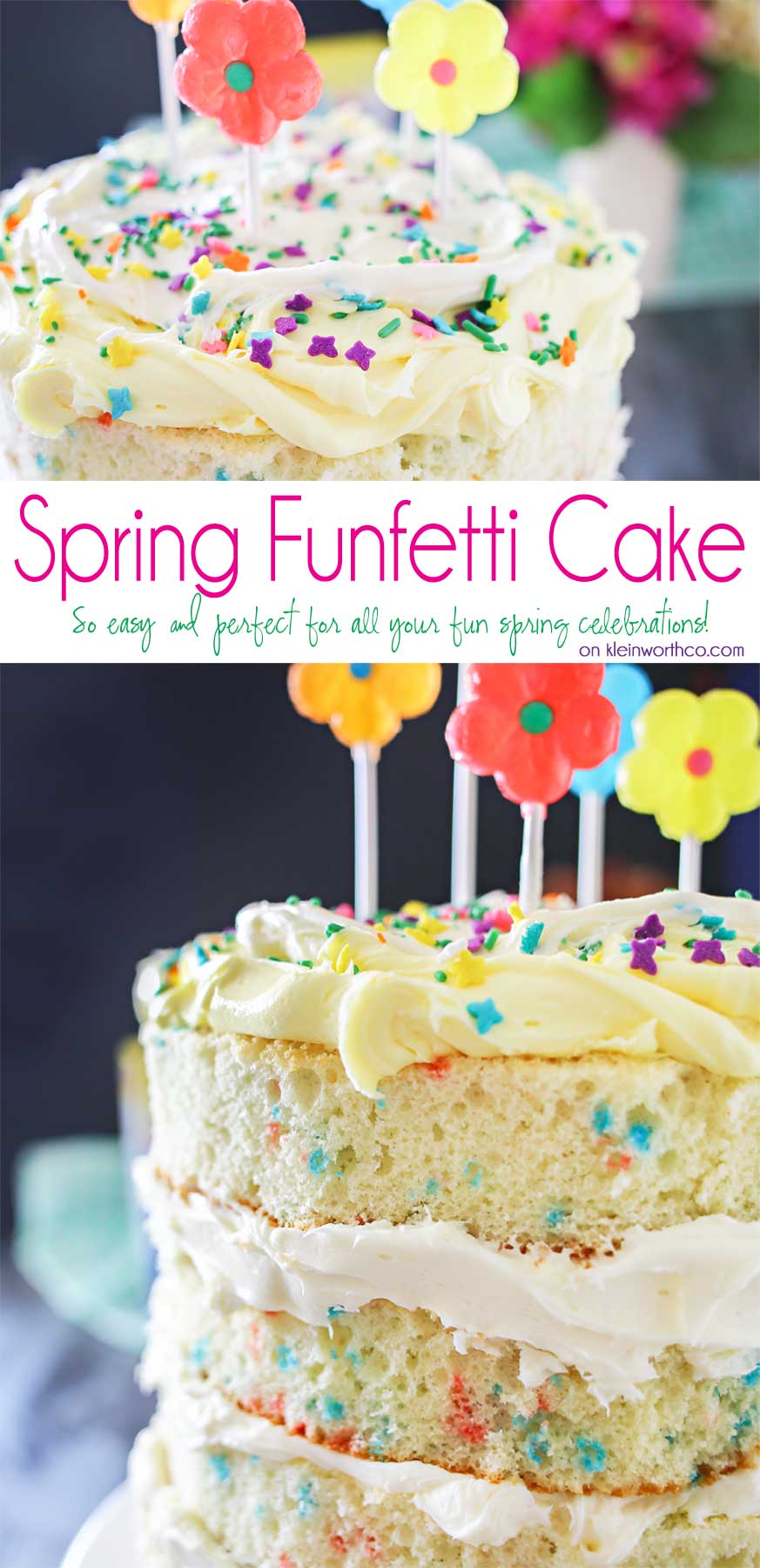 Spring celebrations are fun & easy with this Spring Funfetti® Cake. You can create fun family moments with this cake recipe as one of your Easter desserts. Using frosting just in-between layers for that "naked cake" look that is SO popular right now. It's gives the perfect amount of cake to frosting ratio & it's absolutely delicious! I'm loving it for all our holiday & spring birthday celebrations.