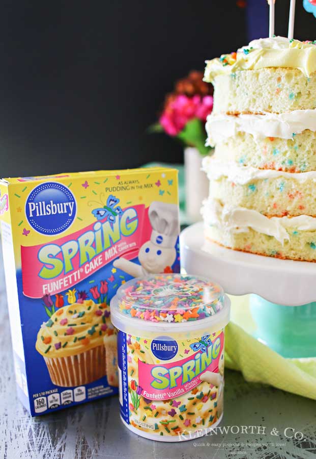 Spring celebrations are fun & easy with this Spring Funfetti® Cake. You can create fun family moments with this cake recipe as one of your Easter desserts. Using frosting just in-between layers for that "naked cake" look that is SO popular right now. It's gives the perfect amount of cake to frosting ratio & it's absolutely delicious! I'm loving it for all our holiday & spring birthday celebrations.