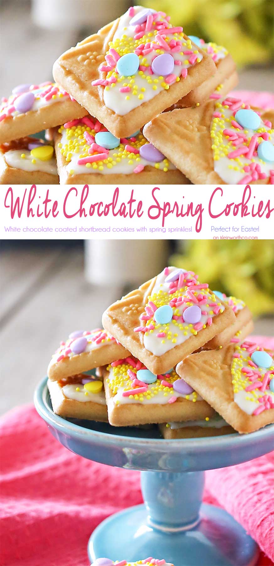 Looking for a quick little treat to serve at all your Easter gatherings? Creating cute treats like these White Chocolate Spring Cookies for Easter is easy. Simple shortbread cookies, white chocolate & Easter sprinkles is so much fun! These literally take about 15 minutes to make & everyone just loves them. People will think you slaved away in the kitchen for hours. They are an adorable Easter dessert that bring BIG smiles! 