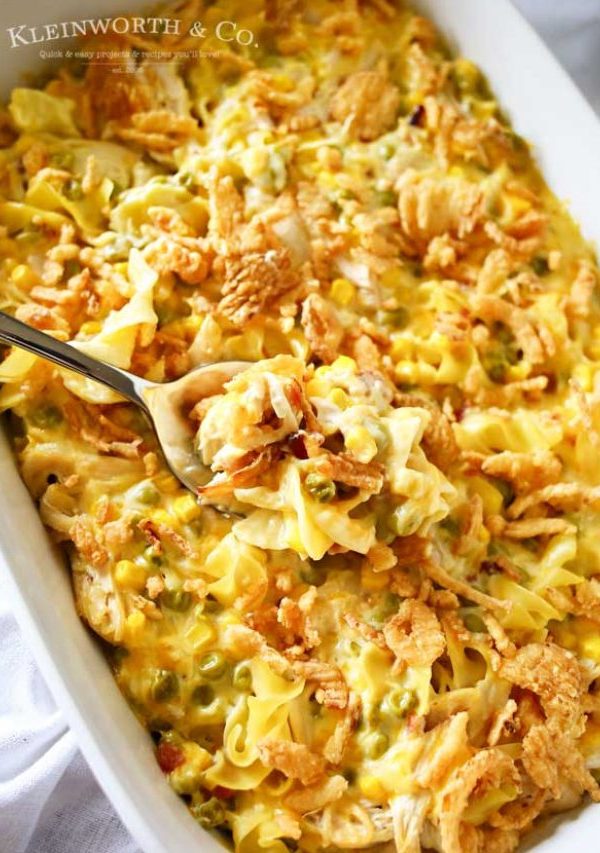 Easy family dinner ideas like Chicken Noodle Casserole are a great way to have comfort food quick. Amazing chicken recipes like this are always a favorite! I love how quick & easy this dinner is & how much my family loves it. Don't miss my tip for making this in bulk as a freezer meal too.