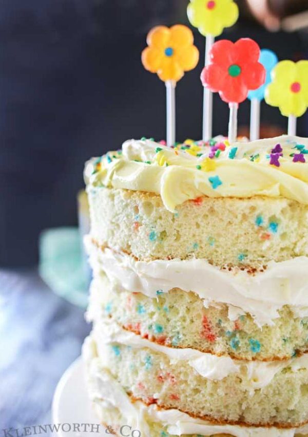 Spring celebrations are fun & easy with this Spring Funfetti Cake. You can create fun family moments with this cake recipe as one of your Easter desserts. Using frosting just in-between layers for that "naked cake" look that is SO popular right now. It's gives the perfect amount of cake to frosting ratio & it's absolutely delicious! I'm loving it for all our holiday & spring birthday celebrations.