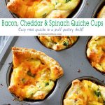 Bacon Cheddar & Spinach Quiche Cups are a perfect, savory brunch recipe that's so easy to make. Baked in fluffy puff pastry- these mini quiches are delish! Perfect for Easter or Mother's Day celebrations, you'll want to make 3-4 batches to feed your crowd. But don't worry, they are so simple & take less than 30 minutes.