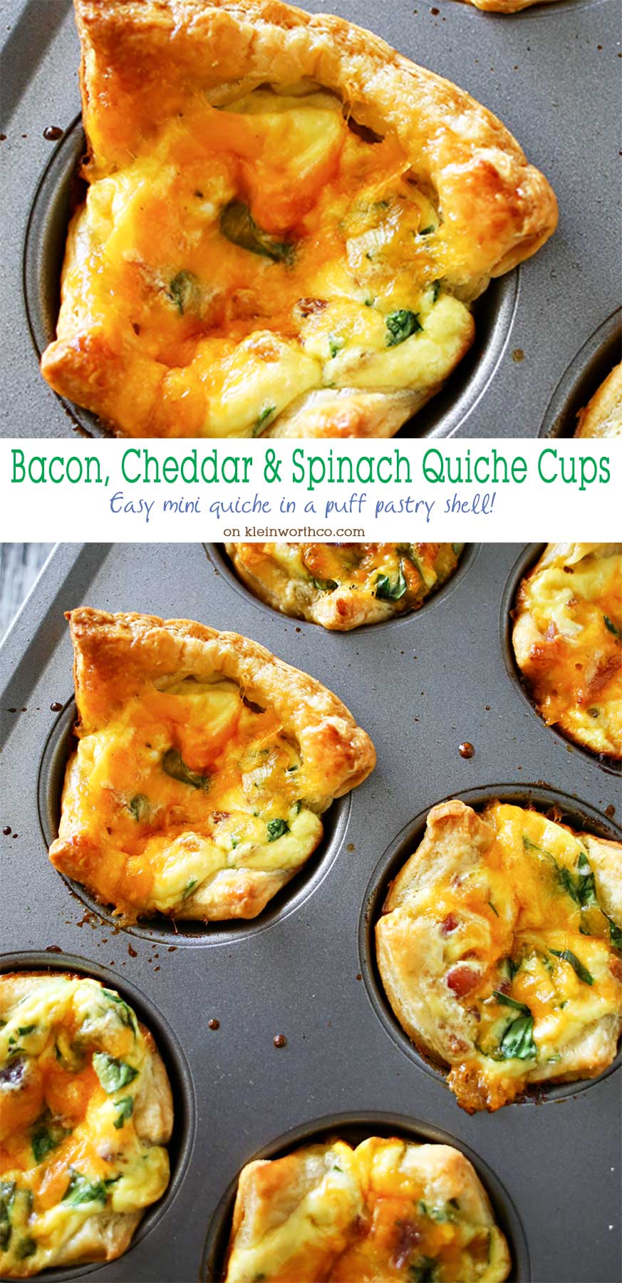 Bacon Cheddar & Spinach Quiche Cups are a perfect, savory brunch recipe that's so easy to make. Baked in fluffy puff pastry- these mini quiches are delish! Perfect for Easter or Mother's Day celebrations, you'll want to make 3-4 batches to feed your crowd. But don't worry, they are so simple & take less than 30 minutes.