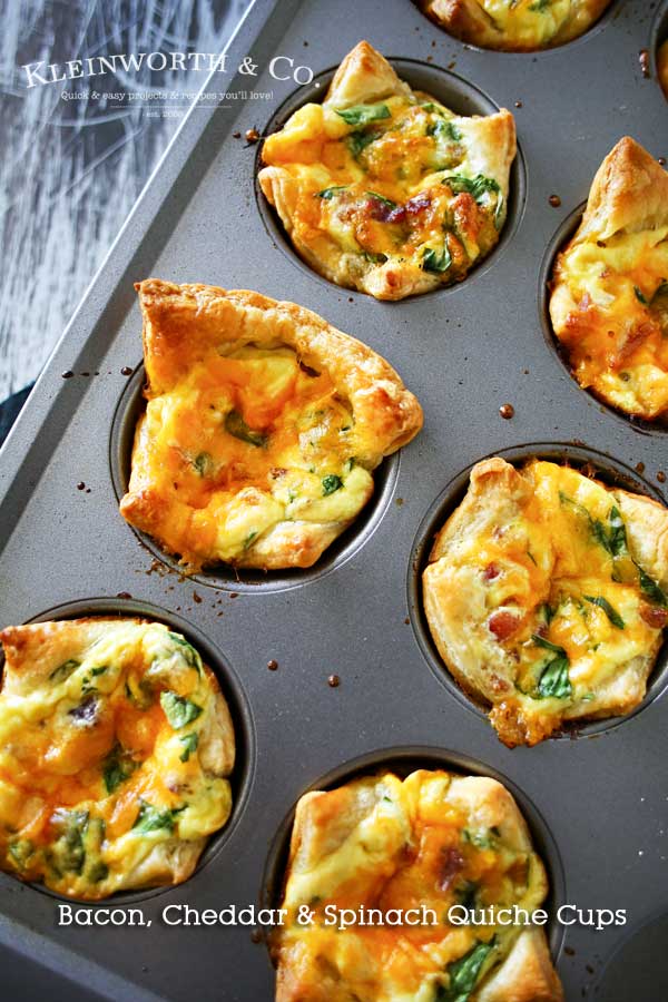 Bacon Cheddar & Spinach Quiche Cups are a perfect, savory brunch recipe that's so easy to make. Baked in fluffy puff pastry- these mini quiches are delish! Perfect for Easter or Mother's Day celebrations, you'll want to make 3-4 batches to feed your crowd. But don't worry, they are so simple & take less than 30 minutes.