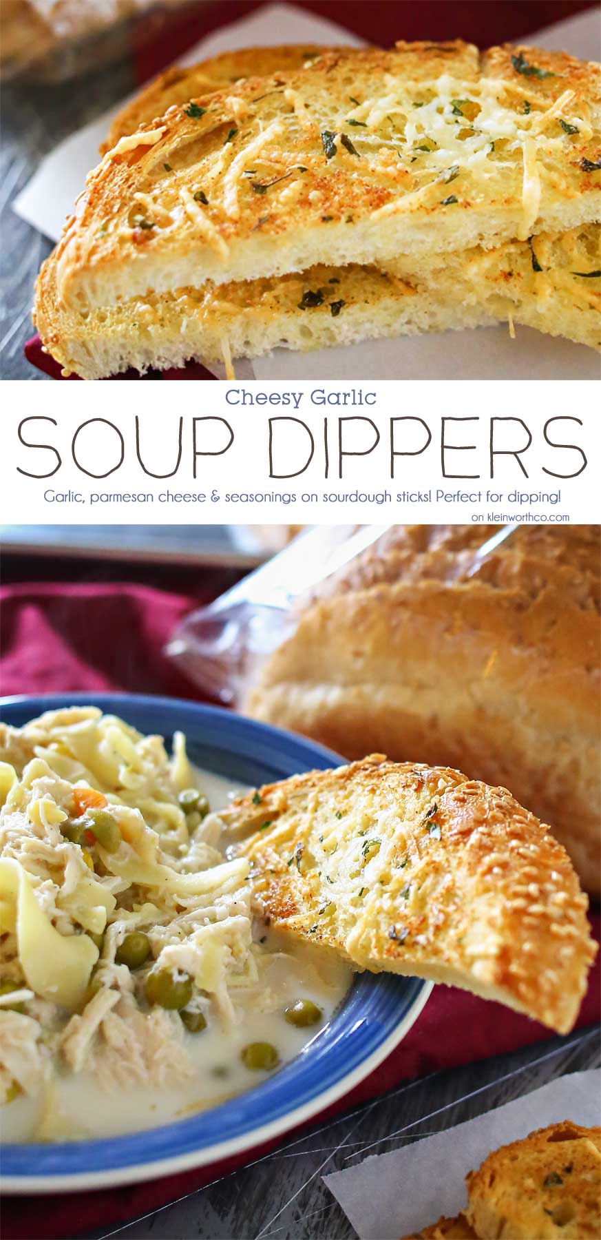 Cheesy Garlic Soup Dippers are broiled sourdough bread sticks loaded with butter, seasonings & Parmesan cheese. Better than croutons & absolutely perfect w/ any soup recipe. All that crunchy, cheesy, garlicky, sourdough goodness- YUM! 