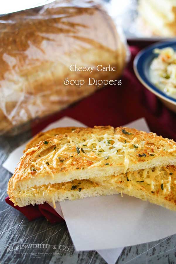Cheesy Garlic Soup Dippers are broiled sourdough bread sticks loaded with butter, seasonings & Parmesan cheese. Better than croutons & absolutely perfect w/ any soup recipe. All that crunchy, cheesy, garlicky, sourdough goodness- YUM! 