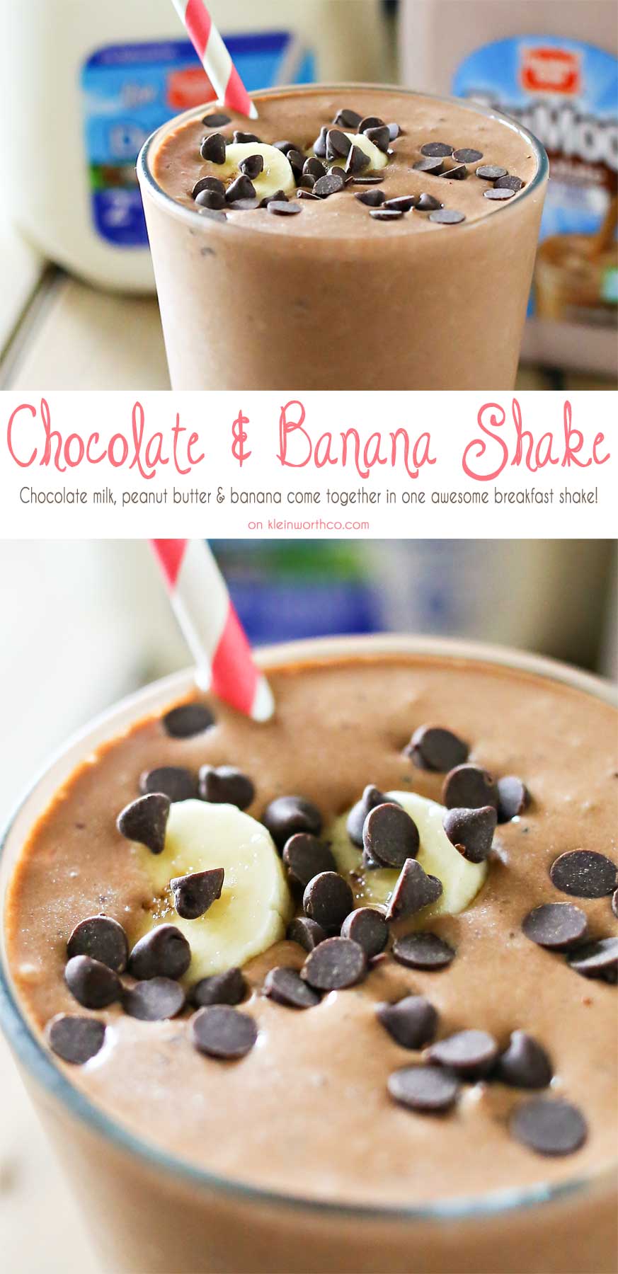 Chocolate milk, peanut butter & bananas come together to make this Chocolate Banana Shake that is the perfect breakfast or snack recipe! Make one before heading out the door or as an after school treat. Either way, everyone loves this chocolate banana smoothie!