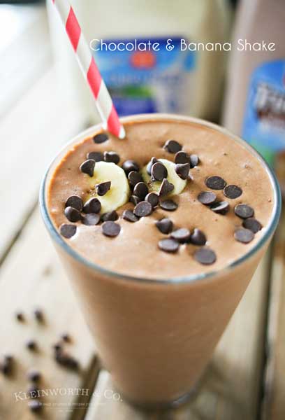 Chocolate milk, peanut butter & bananas come together to make this Chocolate Banana Shake that is the perfect breakfast or snack recipe! Make one before heading out the door or as an after school treat. Either way, everyone loves this chocolate banana smoothie!