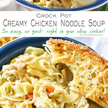 Easy family dinner ideas like this simple crock pot Creamy Chicken Noodle Soup quickly becomes a dinner time favorite. Just toss it all in the slow cooker & dinner is done with little effort. But oh man is it delicious! Absolutely the perfect easy chicken recipe! Don't miss my tips for speeding up the prep process too!