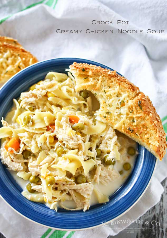 Easy family dinner ideas like this simple crock pot Creamy Chicken Noodle Soup quickly becomes a dinner time favorite. Just toss it all in the slow cooker & dinner is done with little effort. But oh man is it delicious! Absolutely the perfect easy chicken recipe! Don't miss my tips for speeding up the prep process too!