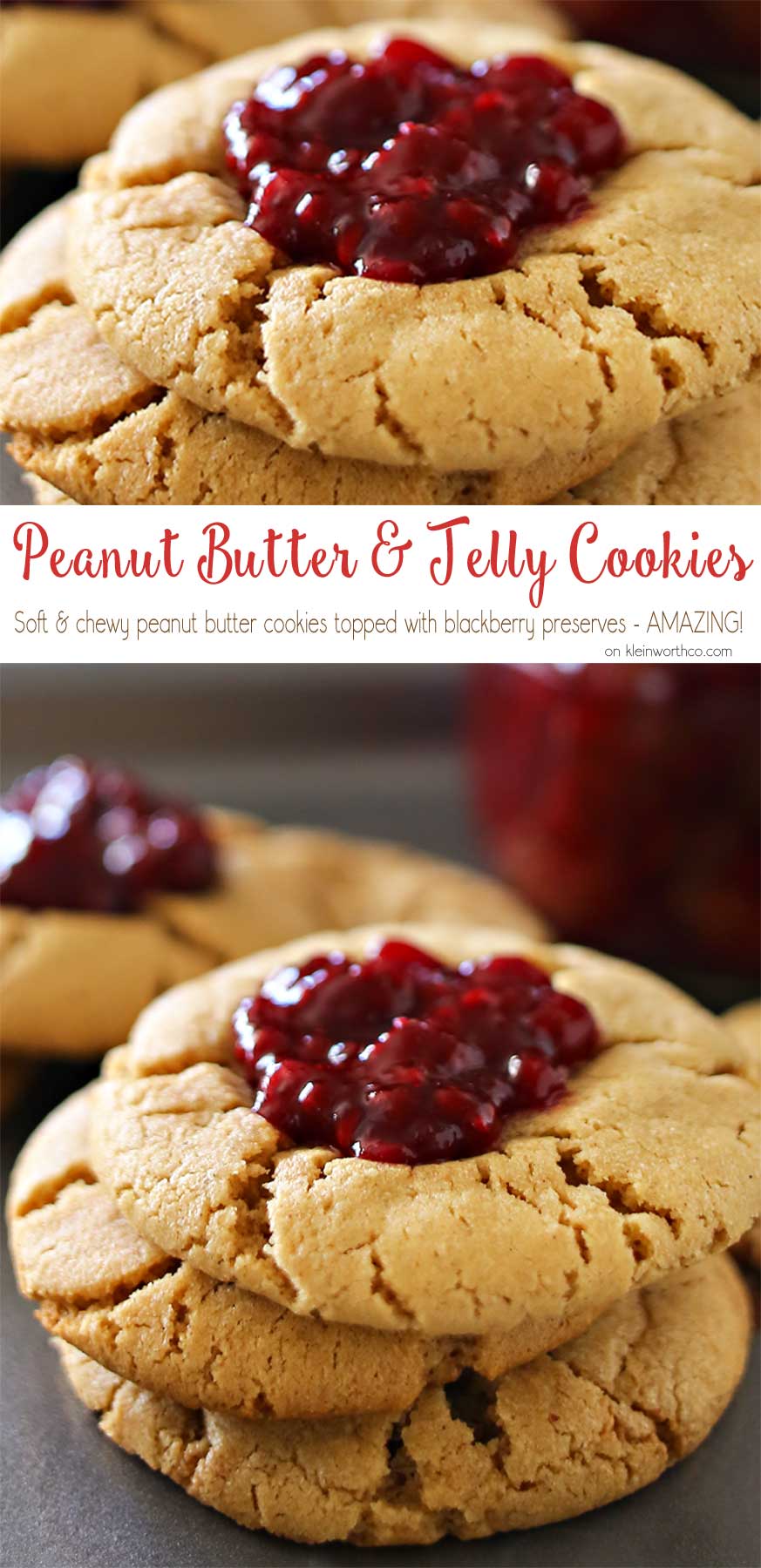 Peanut Butter & Jelly Cookies are a soft & chewy peanut butter cookie recipe topped with a dollop of blackberry preserves. Even better when you make your own jam to add on top. Easy dessert & a PB&J lovers dream! Don't miss my favorite jam recipe I share at the end too. So good!