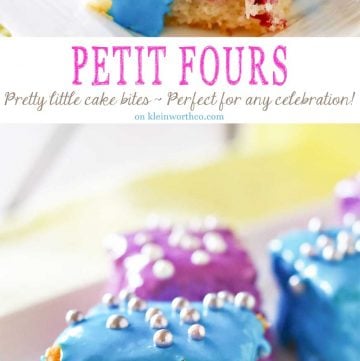 Scrumptious Petit Fours Recipe makes a perfect dessert for any celebration. Light & fluffy cake layered with jam & frosting & coated with more frosting! A favorite cake recipe that really shows it's something special. Serve these Spring Petit Fours. They are definitely the cutest little dessert and everyone will be amazed that they are homemade!