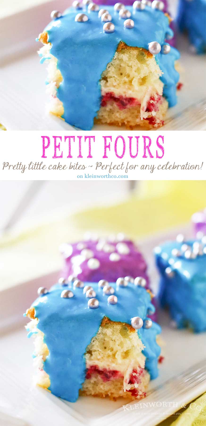 Scrumptious Petit Fours Recipe makes a perfect dessert for any celebration. Light & fluffy cake layered with jam & frosting & coated with more frosting! A favorite cake recipe that really shows it's something special. Serve these Spring Petit Fours. They are definitely the cutest little dessert and everyone will be amazed that they are homemade!