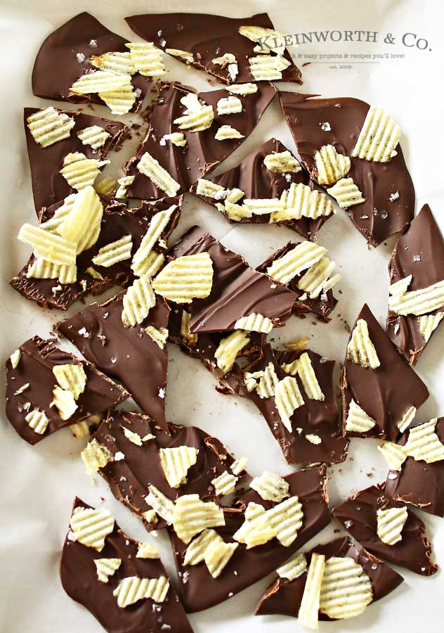 If you are a lover of salty & sweet then this Potato Chip Bark is your perfect easy dessert recipe. Chocolate & potato chips make a tasty treat. I'm telling you- bark recipes top the easy list. But then adding salty potato chips makes it over the top delicious too. Creamy sweet chocolate & crunchy, salty potato chips is heavenly! 