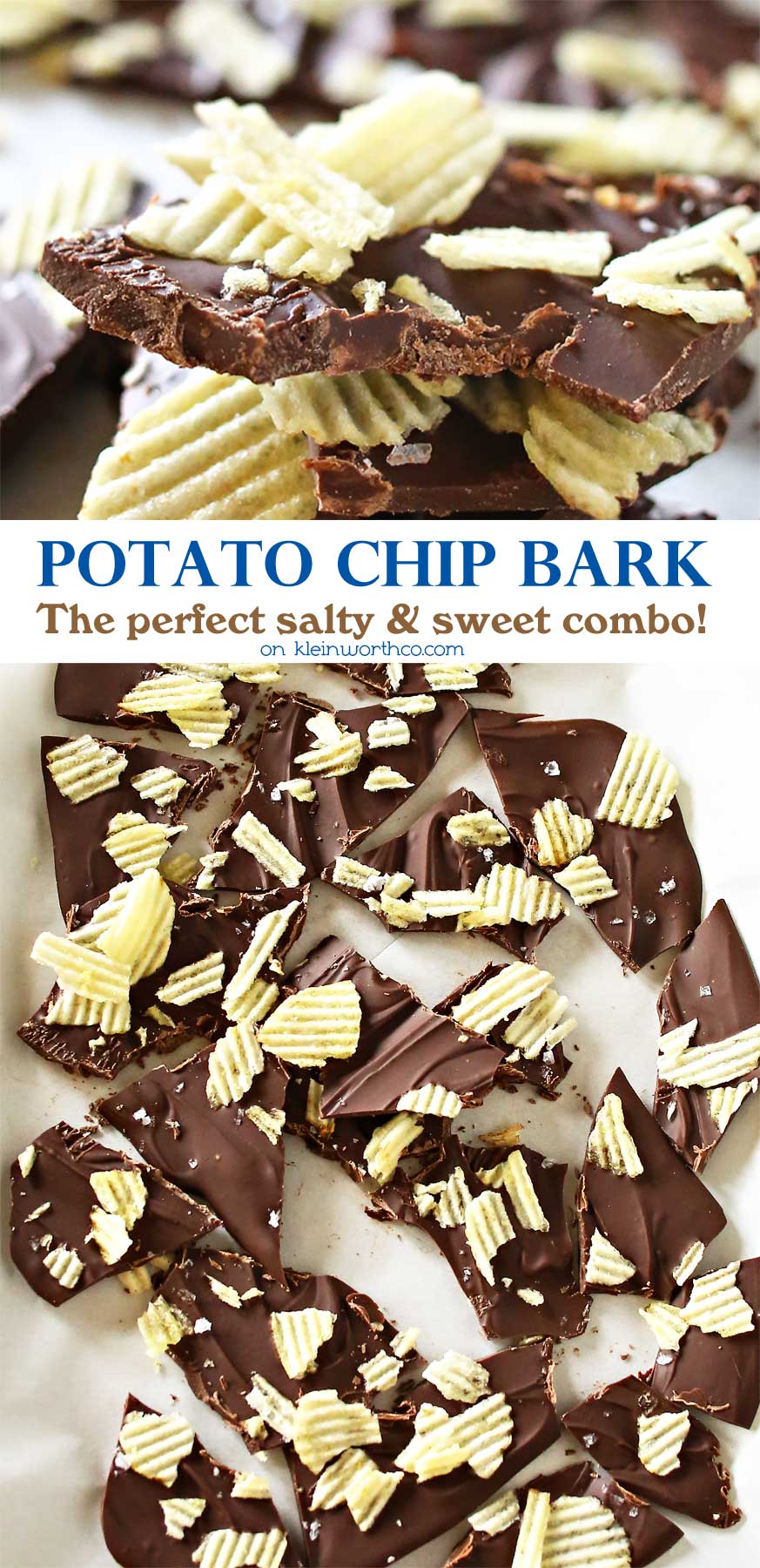 If you are a lover of salty & sweet then this Potato Chip Bark is your perfect easy dessert recipe. Chocolate & potato chips make a tasty treat. I'm telling you- bark recipes top the easy list. But then adding salty potato chips makes it over the top delicious too. Creamy sweet chocolate & crunchy, salty potato chips is heavenly! 