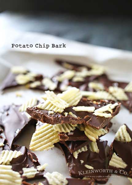 If you are a lover of salty & sweet then this Potato Chip Bark is your perfect easy dessert recipe. Chocolate & potato chips make a tasty treat. I'm telling you- bark recipes top the easy list. But then adding salty potato chips makes it over the top delicious too. Creamy sweet chocolate & crunchy, salty potato chips is heavenly!