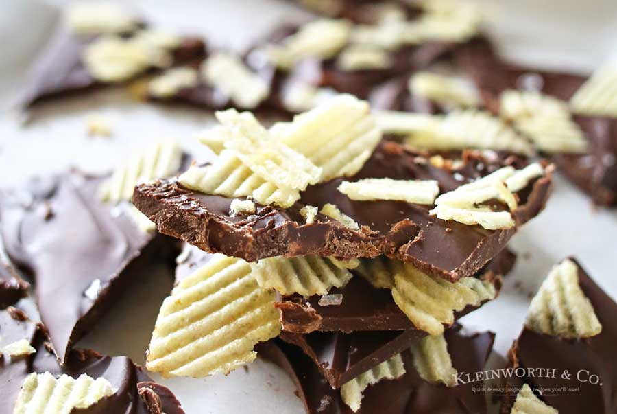 If you are a lover of salty & sweet then this Potato Chip Bark is your perfect easy dessert recipe. Chocolate & potato chips make a tasty treat. I'm telling you- bark recipes top the easy list. But then adding salty potato chips makes it over the top delicious too. Creamy sweet chocolate & crunchy, salty potato chips is heavenly! 