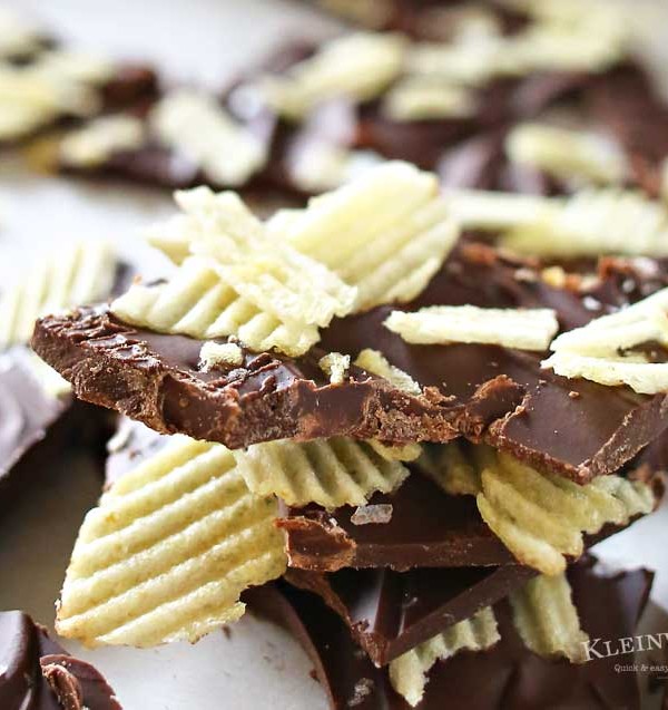 If you are a lover of salty & sweet then this Potato Chip Bark is your perfect easy dessert recipe. Chocolate & potato chips make a tasty treat. I'm telling you- bark recipes top the easy list. But then adding salty potato chips makes it over the top delicious too. Creamy sweet chocolate & crunchy, salty potato chips is heavenly!
