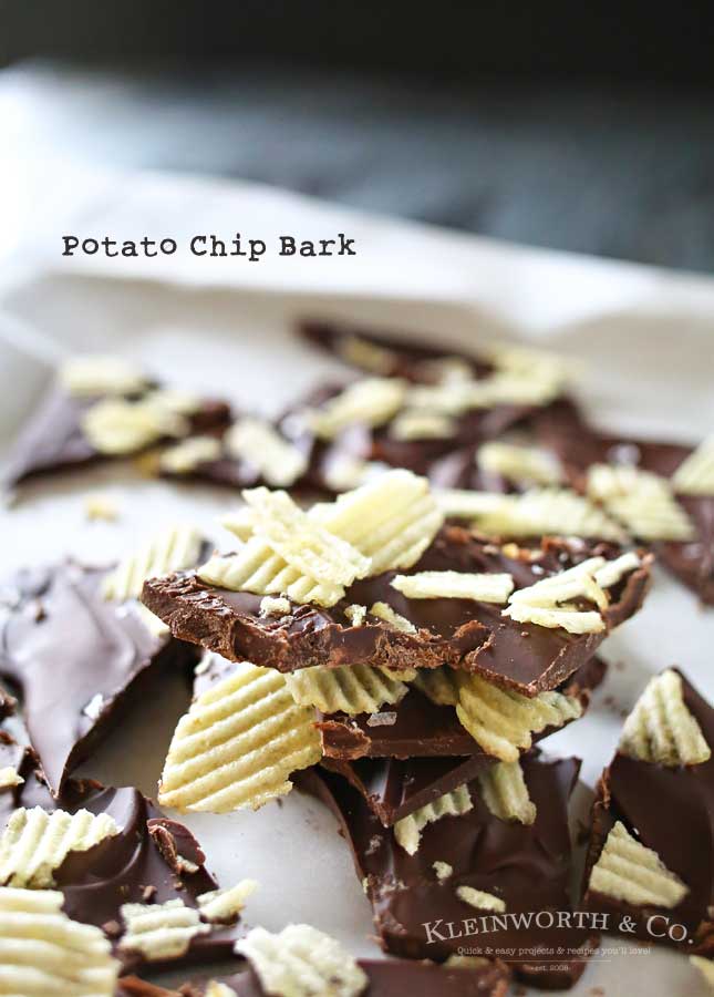 If you are a lover of salty & sweet then this Potato Chip Bark is your perfect easy dessert recipe. Chocolate & potato chips make a tasty treat. I'm telling you- bark recipes top the easy list. But then adding salty potato chips makes it over the top delicious too. Creamy sweet chocolate & crunchy, salty potato chips is heavenly! 