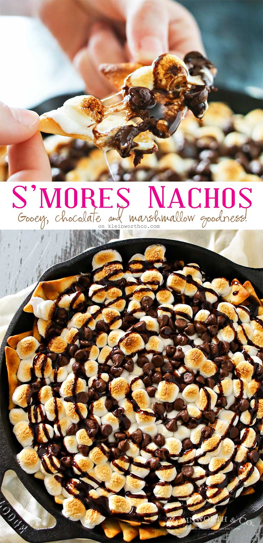 If you love a traditional s'mores recipe, the you will fall in love with S'mores Nachos. Incredibly easy dessert recipe that makes you swoon! Cinnamon pita chips, chocolate, toasted marshmallows...does it really get any better than that? Honestly, when you see how easy these are to make- it will be your "go-to" dessert, no campfire needed!
