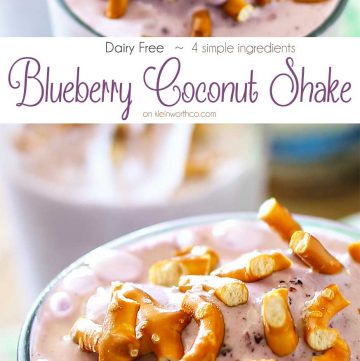 Blueberry Coconut Shake is a dairy-free milkshake made with coconut milk ice cream & frozen blueberries. Simple frozen dessert makes eating healthy easy! This shake is seriously one of the best- you would never know it's dairy free! So good!