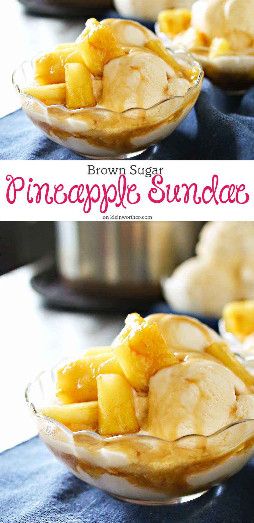 Brown Sugar Pineapple Sundae is a tropical dessert idea that's simple & quick to make. Pineapple coated in brown sugar glaze on top of ice cream, yum! It's the perfect refreshing frozen dessert idea.