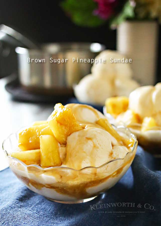 Brown Sugar Pineapple Sundae is a tropical dessert idea that's simple & quick to make. Pineapple coated in brown sugar glaze on top of ice cream, yum! It's the perfect refreshing frozen dessert idea.