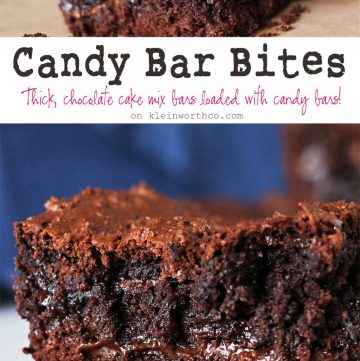 Simple cake mix brownies loaded with candy bars makes Candy Bar Bites that are OUT OF THIS WORLD! If you love yummy bar recipes, these are the perfect treat to satisfy any chocolate craving! Plus they are so easy to make. Just 5 ingredients & less than 1 hour to yummy goodness.