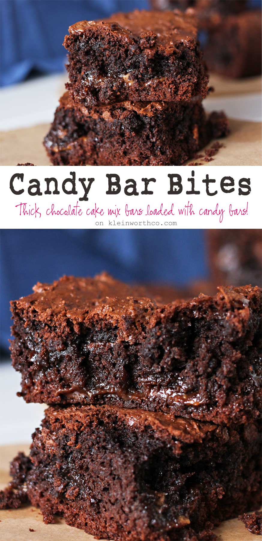 Simple cake mix brownies loaded with candy bars makes Candy Bar Bites that are OUT OF THIS WORLD! If you love yummy bar recipes, these are the perfect treat to satisfy any chocolate craving! Plus they are so easy to make. Just 5 ingredients & less than 1 hour to yummy goodness.