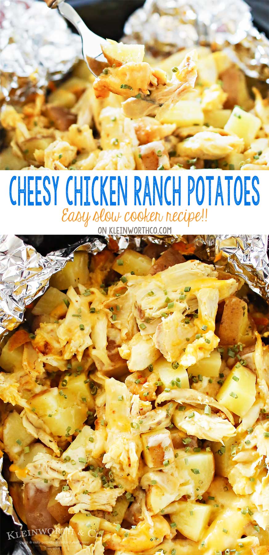 Cheesy Chicken Ranch Potatoes are a simple slow cooker side dish recipe that's so delicious. Just another easy family dinner idea that's ready in just 4 hours. OMG- these are SO GOOD! LOVE that this recipe is family size & uses rotisserie chicken!